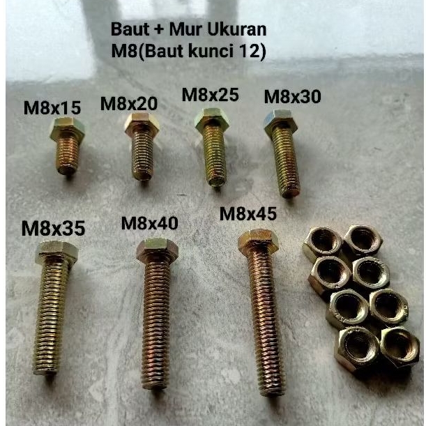 Baut + Mur Kuning/Baut Kuning M8/ Baut Kunci 12/BMK/ Baut Hex / Baut Hexagon