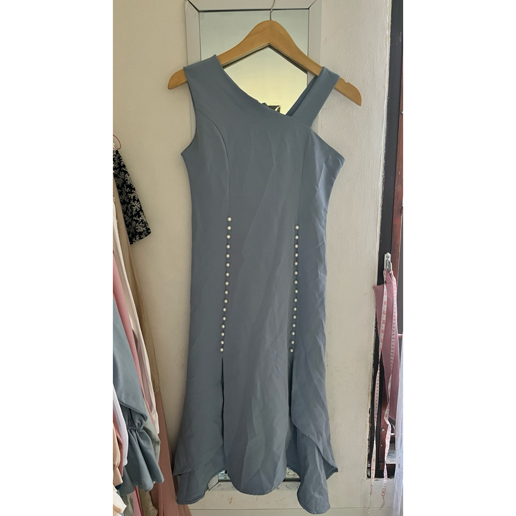 DRESS OL BIRU MUDA PANTAI ASIMETRIS SECRETARY KOREAN STYLE