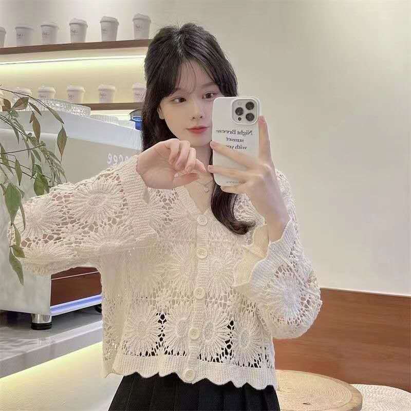 Cardigan Rajut Motif Bunga Lengan Panjang – Outer Rajutan Vintage Gaya Korea