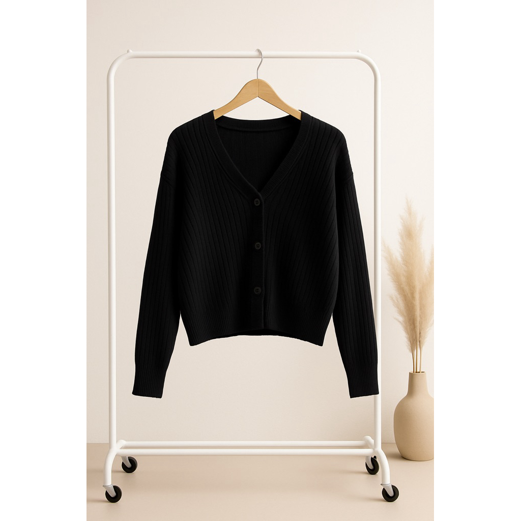 Cardigan Rajut Wanita Hitam Polos – Outer Cewek Kekinian Lengan Panjang Oversize Elegan