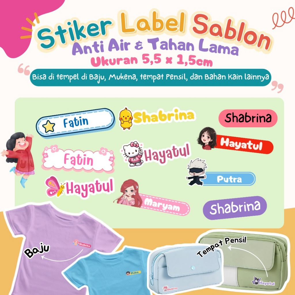 

Stiker Sablon Print DTF Nama Custom Waterproof Label Nama Stiker Sablon Baju Karakter Lucu Bebas Costum Desain Sendiri Tanpa Minimal Order