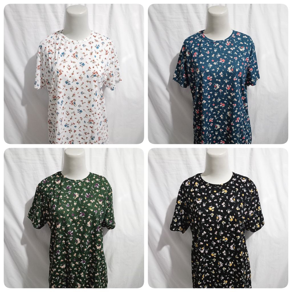 Baju Kaos Jersey Warna Varian Motif Ornamen Bunga Lengan Pendek Wanita