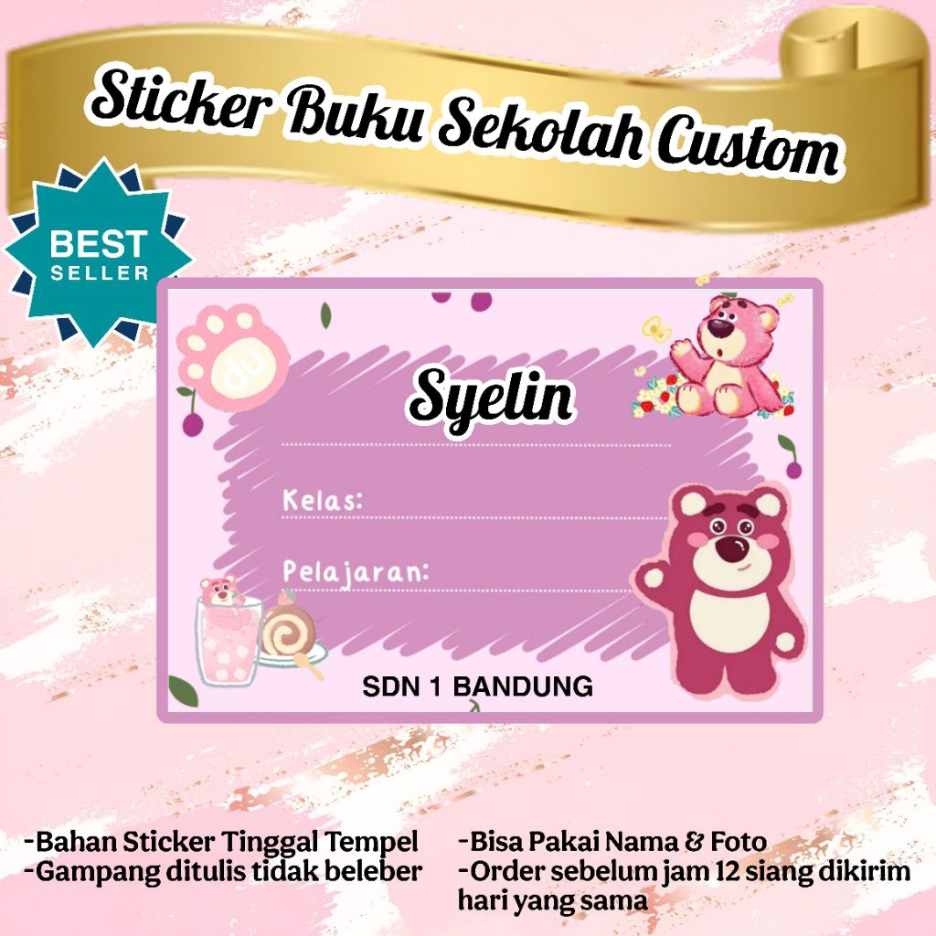 

(ISI 50 PCS) SUDAH ADA LEM STICKER LABEL BUKU SEKOLAH CUSTOM NAMA & FOTO MOTIF LOTSO