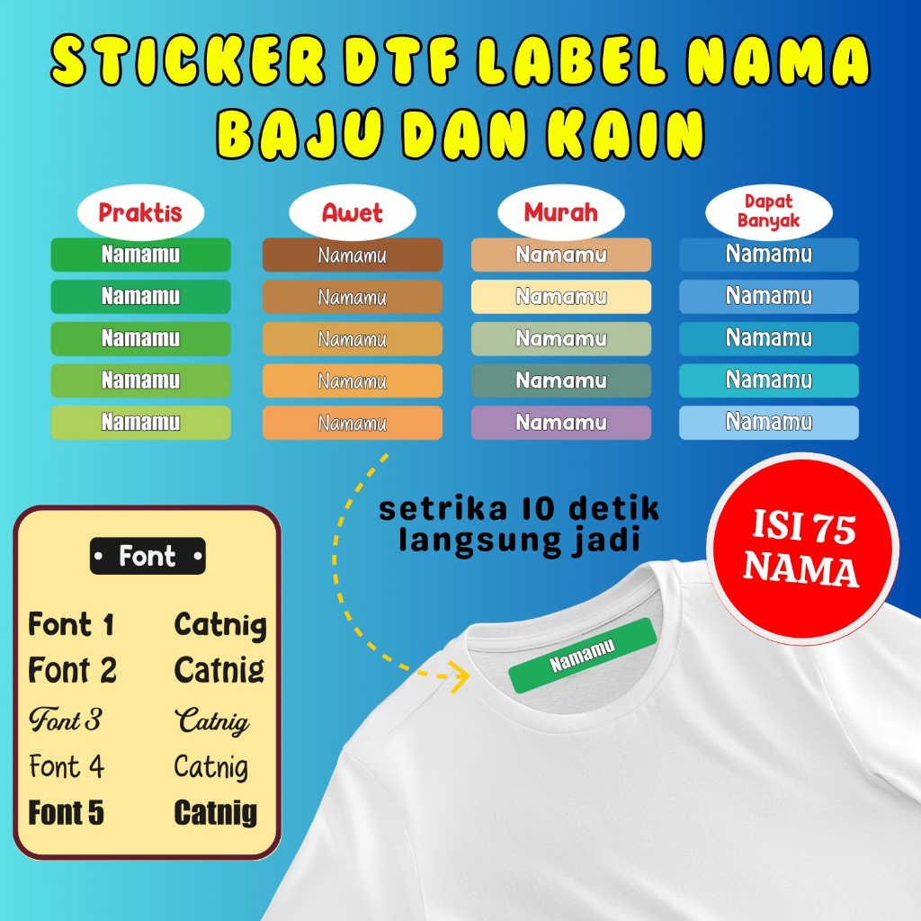 

Sticker Nama Labe Baju kaos Sablon Setrika Isi 75 Pcs Gratis Custom Nama ( Label DTF Bisa Ditempel)