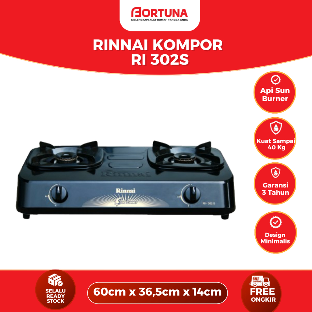 RINNAI KOMPOR RI 302S / RI-302S / RI 302 S / RI302 S (2 TUNGKU) GARANSI RESMI
