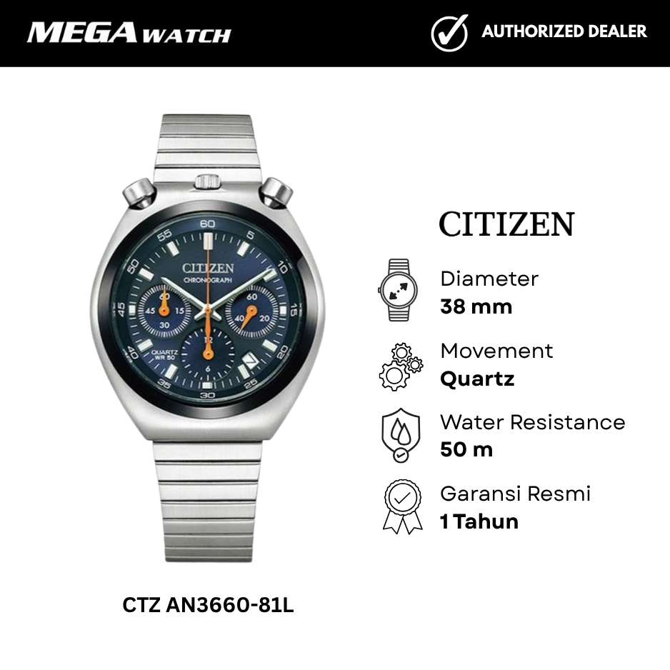 Jam Tangan CITIZEN Pria Original Bullhead Navy Blue CTZ AN3660-81L Tsuno Chronograph
