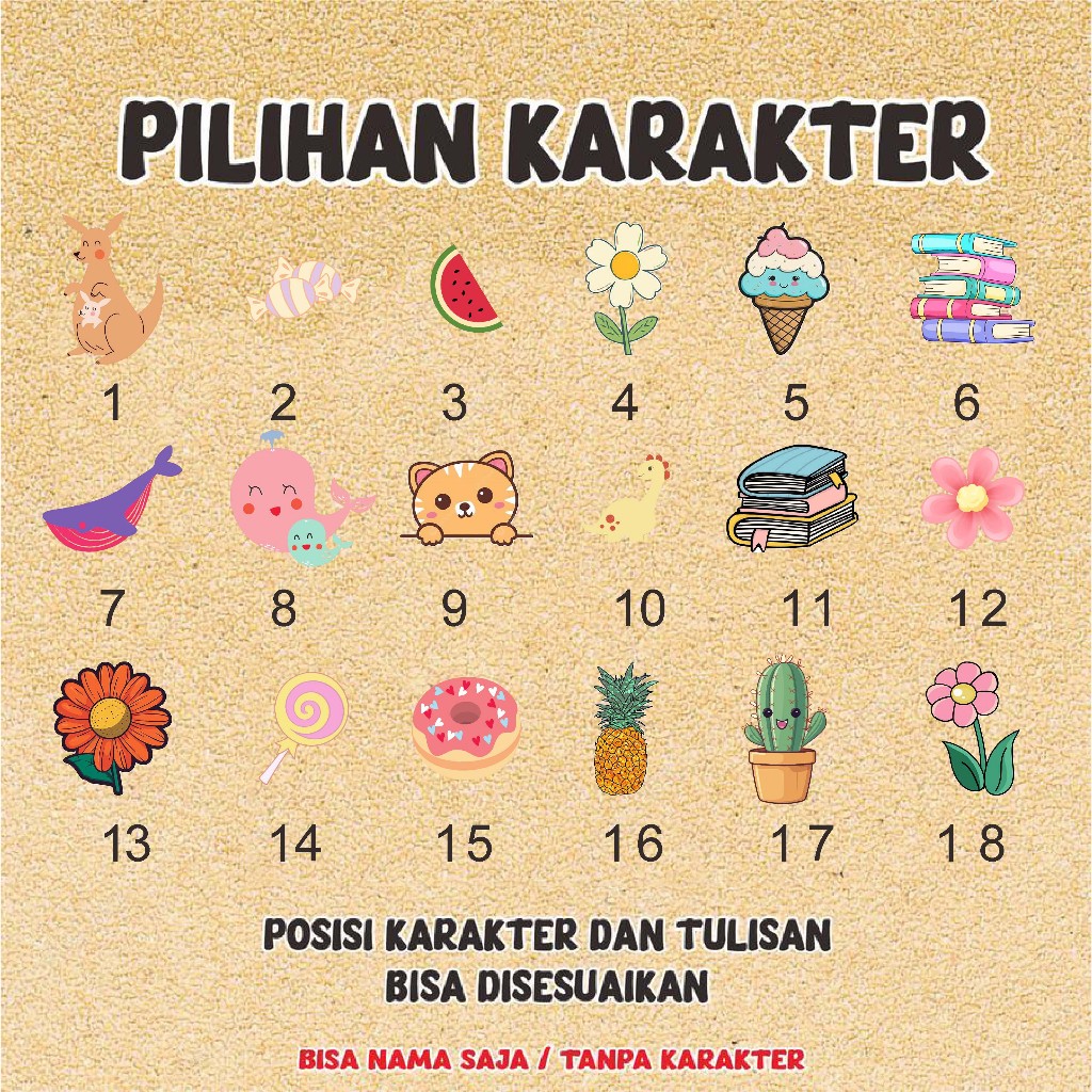 

Sticker DTF UV Custom Nama Tulisan Gambar Bunga Hewan Tanaman Anak Buku D