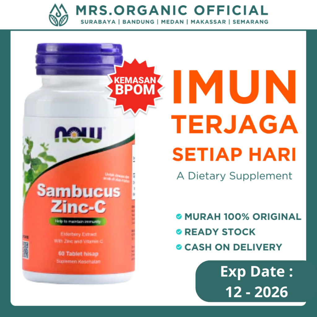Now Vitamin Sambucus Zinc-C 60Tablet Hisap - Vitamin C + Zinc + Elderberry untuk Booster Imun Harian