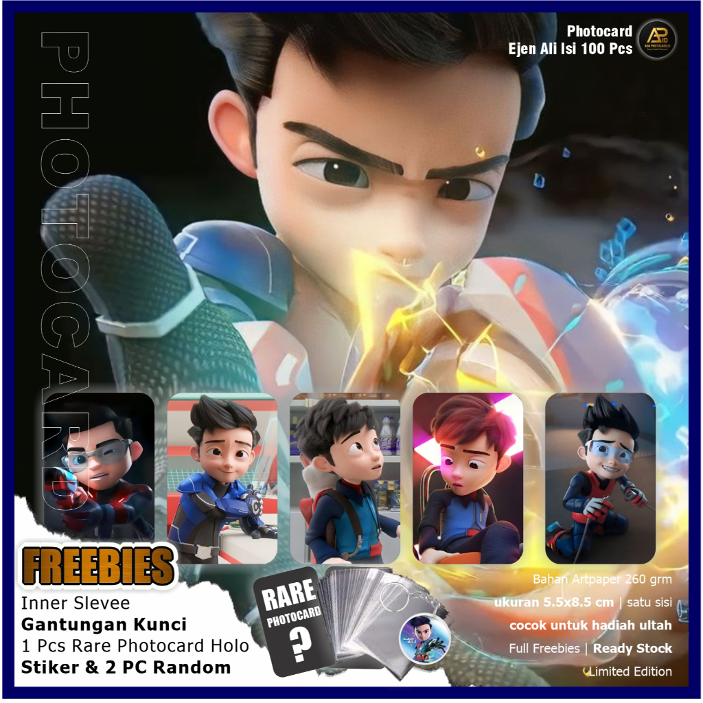 Photocard Ejen Ali isi 100 Pcs Fanmade | Bonus Ganci, Rare Card, 2 PC random, Stiker dan Iner Sleeve