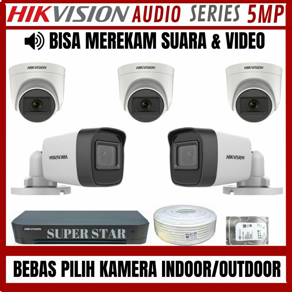 PAKET CCTV HIKVISION 5MP 8 CHANNEL 5 KAMERA AUDIO SERIES BISA MEREKAM SUARA DAN VIDEO