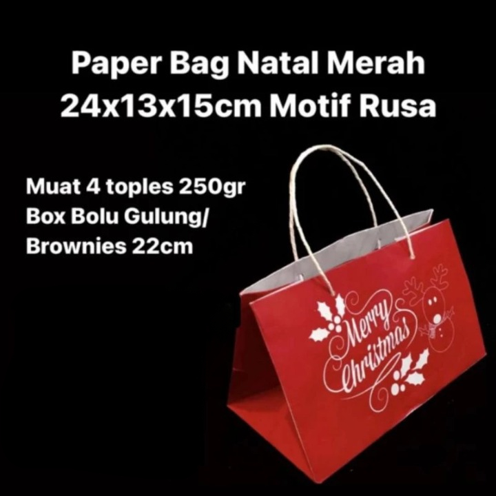 

Paperbag Natal Merah Motif Rusa Packaging Hampers Edisi Merry Christmas 24x13x15cm