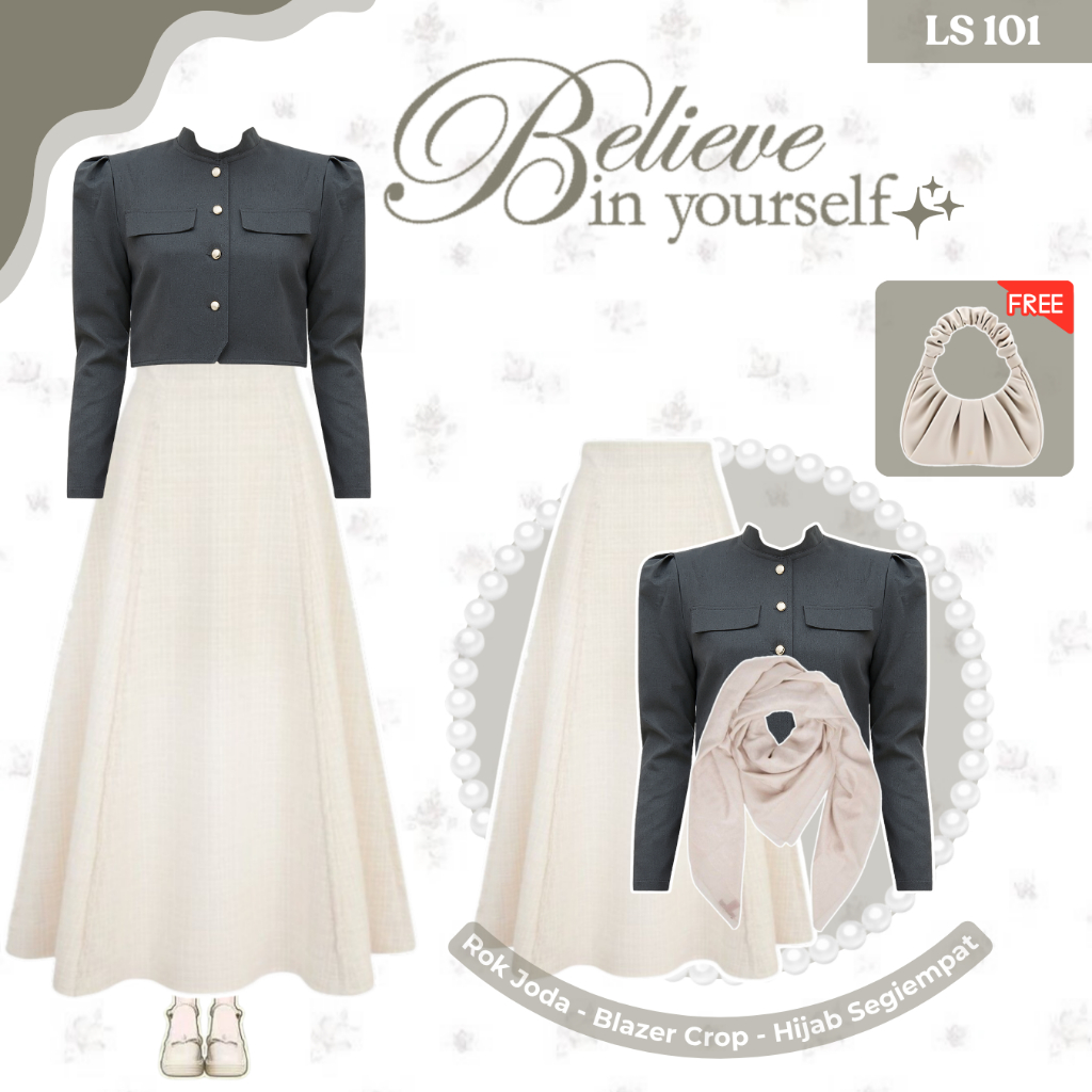 Casual Outfit Wanita | Blazer Crop, Rok Polos, Hijab Segiempat, Tas Wanita | LS101
