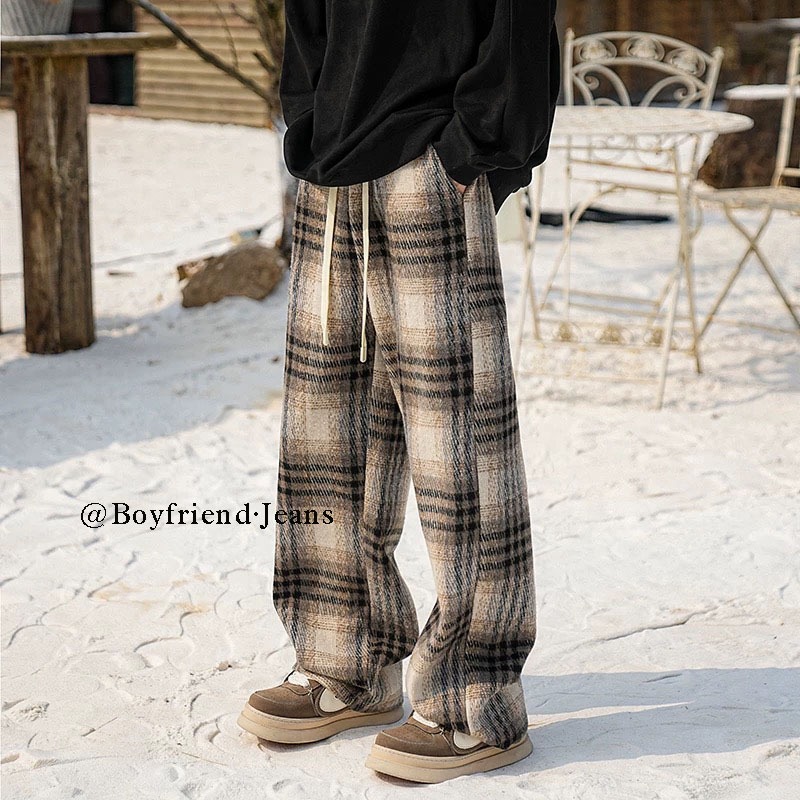Celana Wol Pria Celana Panjang Pria Motif Kotak Gaya Korea Kulot Straight Cewo