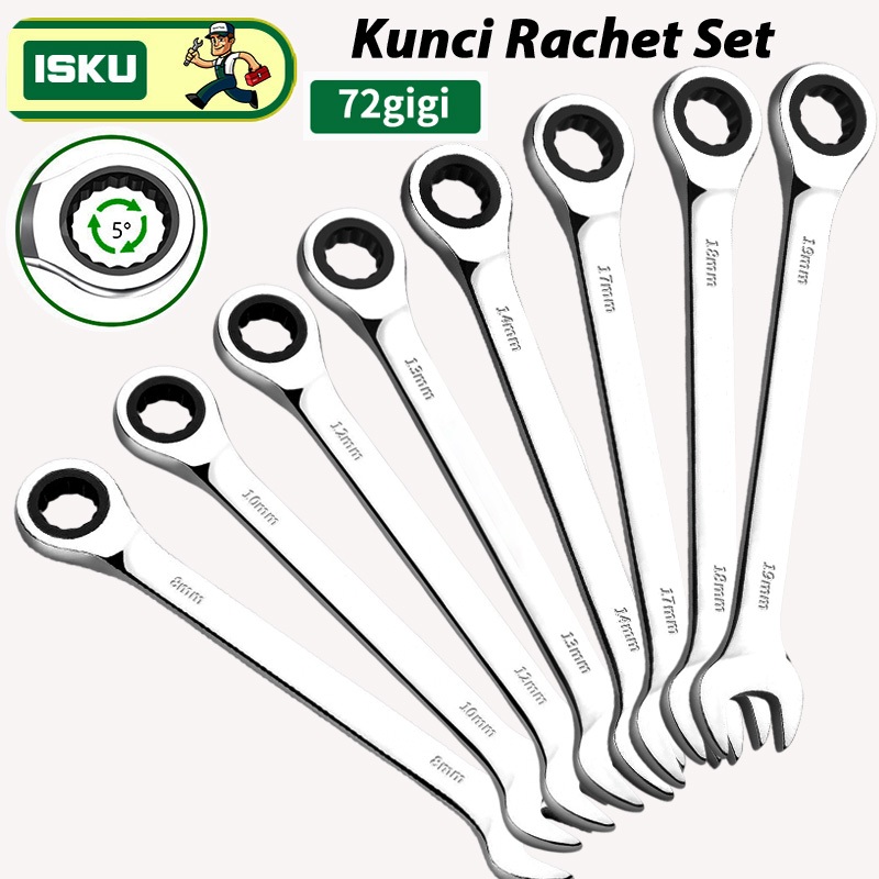 ISKU Kunci Ring Rachet Pas Set 8-19mm Multifungsi Bolak Balik Kunci Rachet Ring Pas 72gigi Set