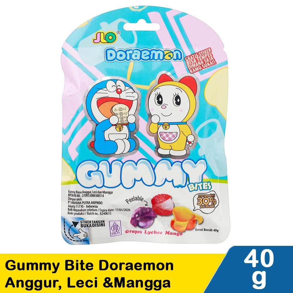 

Jlo Gummy Bite Doraemon Anggur Leci & Mangga Rasa Enak 40G