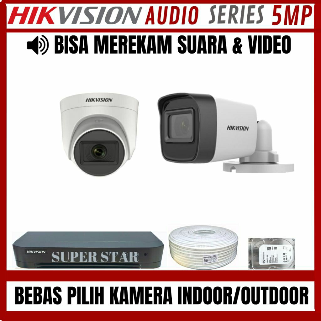 PAKET CCTV HIKVISION 5MP AUDIO 4 CHANNEL 2 KAMERA BISA MEREKAM SUARA DAN VIDEO