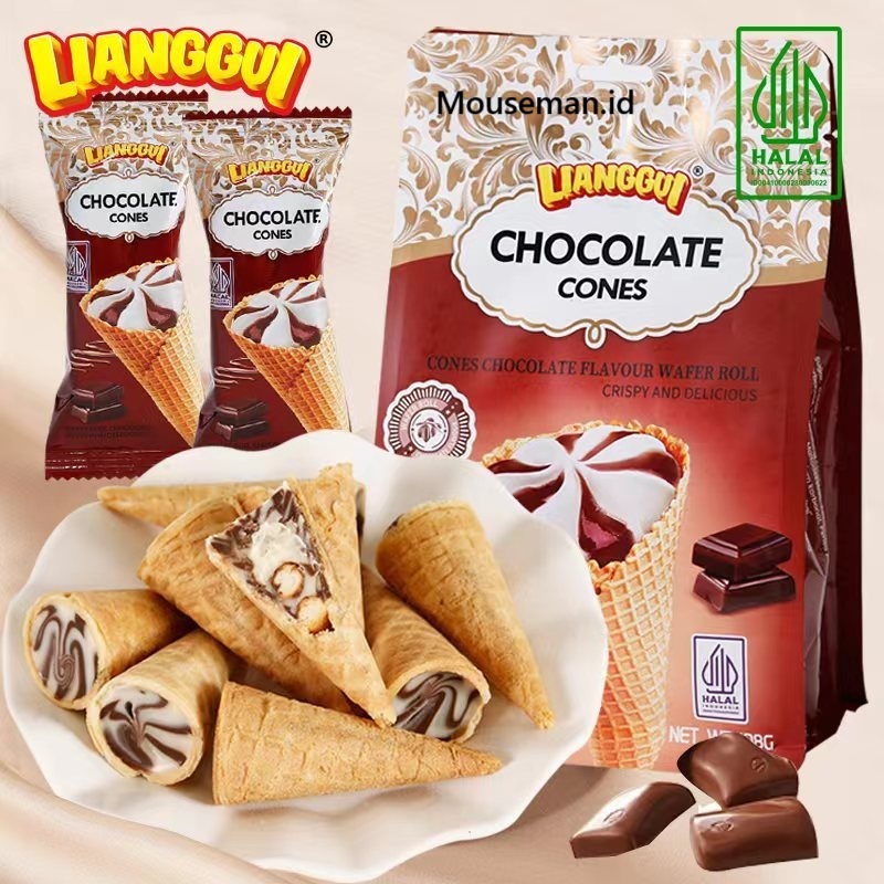 

LIANGGUI CHOCOLATE CONES WAFER ROLL BENTUK CONE ISI KRIM COKELAT CRISPY AND DELICIOUS 108GR