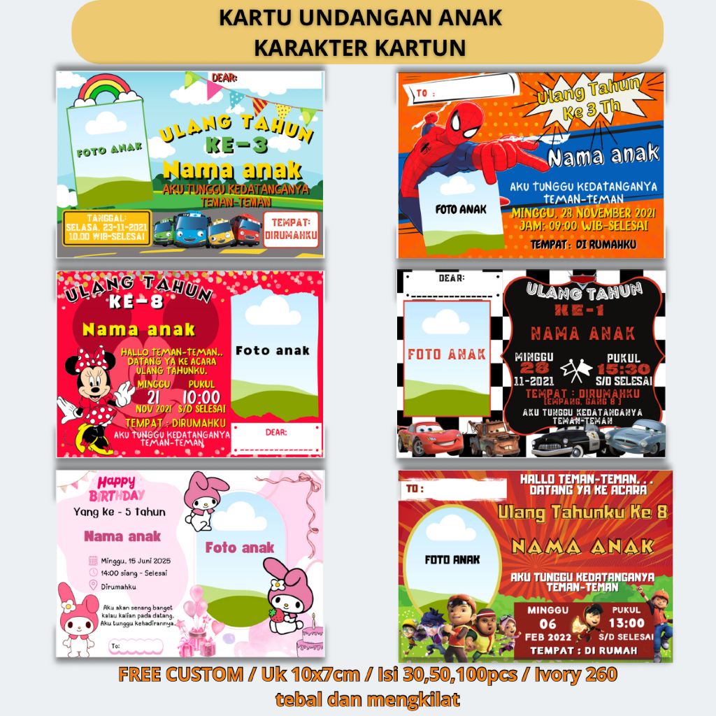 Cod (isi 100pcs) kartu undangan ulangtahun anak hello kitty / kartu undangan anak tema karakter tayo