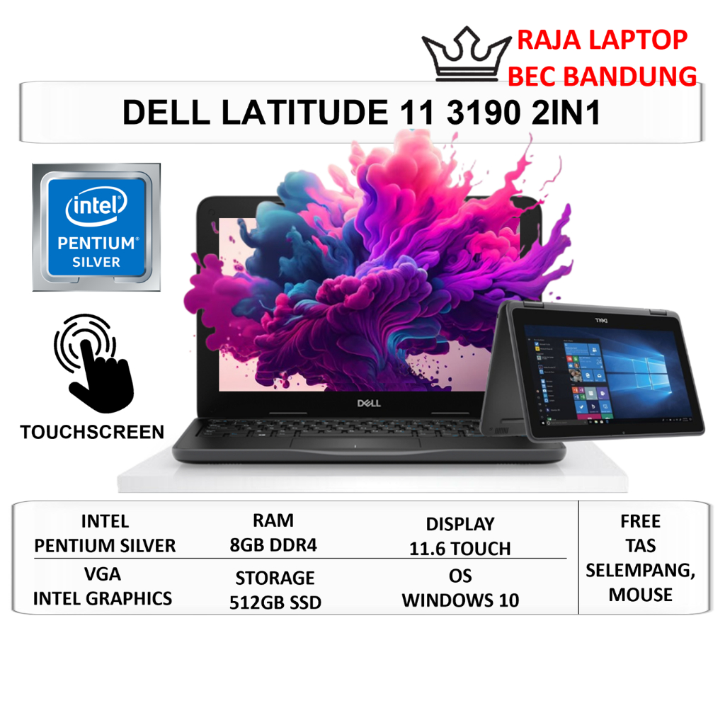 Laptop Murah Dell Latitude 11 inch 2in1 3190 Intel Pentium Ram 8GB SSD 512GB 11" Touchscreen