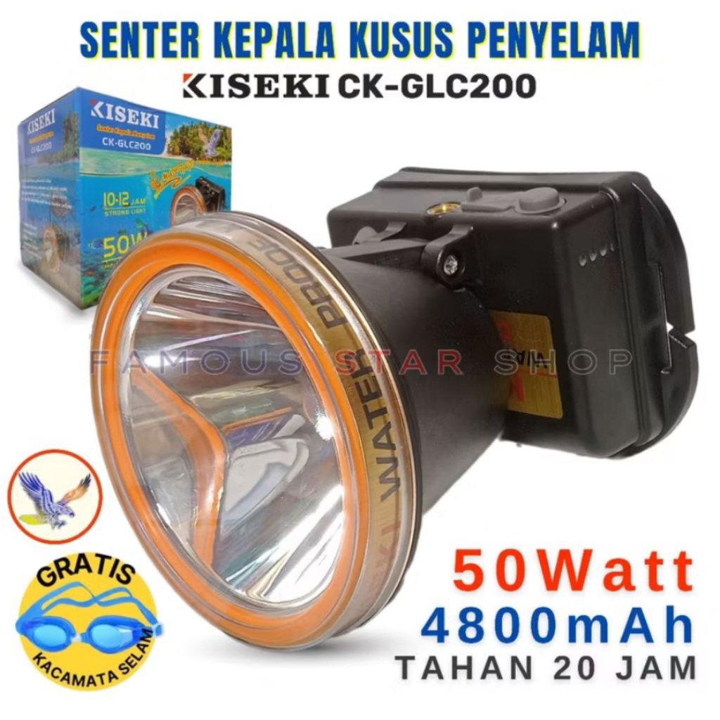 kiseki ck-glc200 senter kepala menyelam 50watt cahaya putih 4800mah