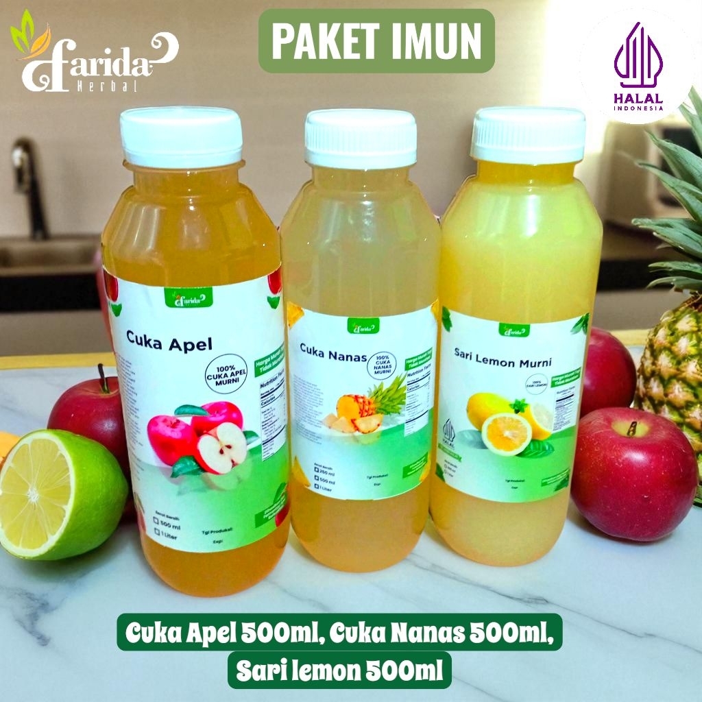 

Paket Hemat 3in 1 Cuka Aple 500ml, Cuka Nanas 500ml,Sari Lemon 500ml Bonus Lemon Kering/Paket Imun 3in 1 Cuka A Apel 500ml,Cuka Nanas500ml,Sari Lemon 500ml