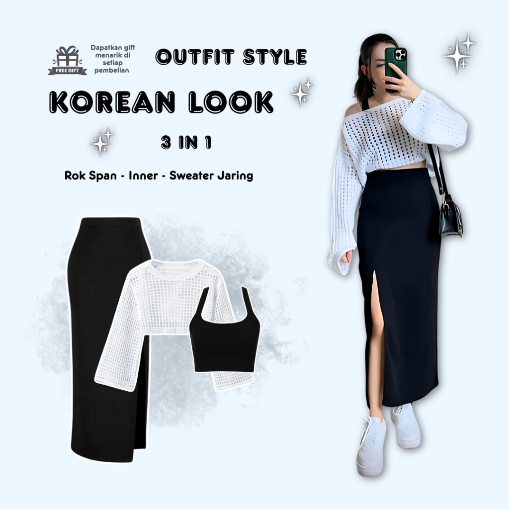 Outfit Cewek Kekinian 3in1 – Sweater Rajut Crop + Rok Span + Tanktop