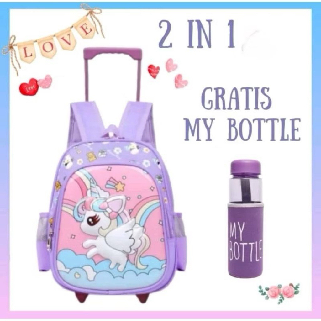 Tas Troli koper dorong anak perempuan sekolah TK SD kuda poni terbang bonus botol minum lucu