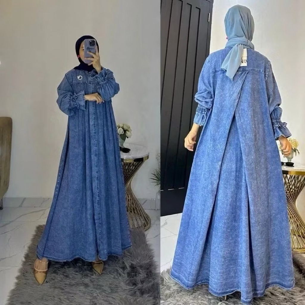 Gamis Jumbo Jenna Meisy Midi Dress Jeans Wash Premium/Dress Wanita Jumbo Terbaru 2025