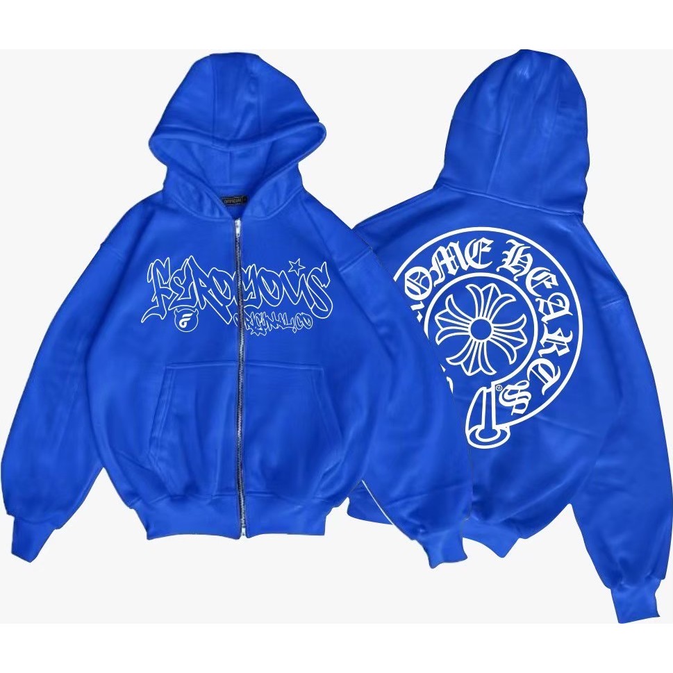 Hoodie Sweater Zipper Boxy Biru Chrome Hearts Logo Premium High Quality Distro Unisex Full Tag
