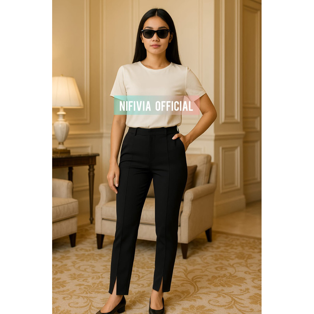 M-4L Celana Slit Celana Scuba Celana Panjang Hitam Celana Jumbo Celana Kulot Cullotes Pants - Basic 