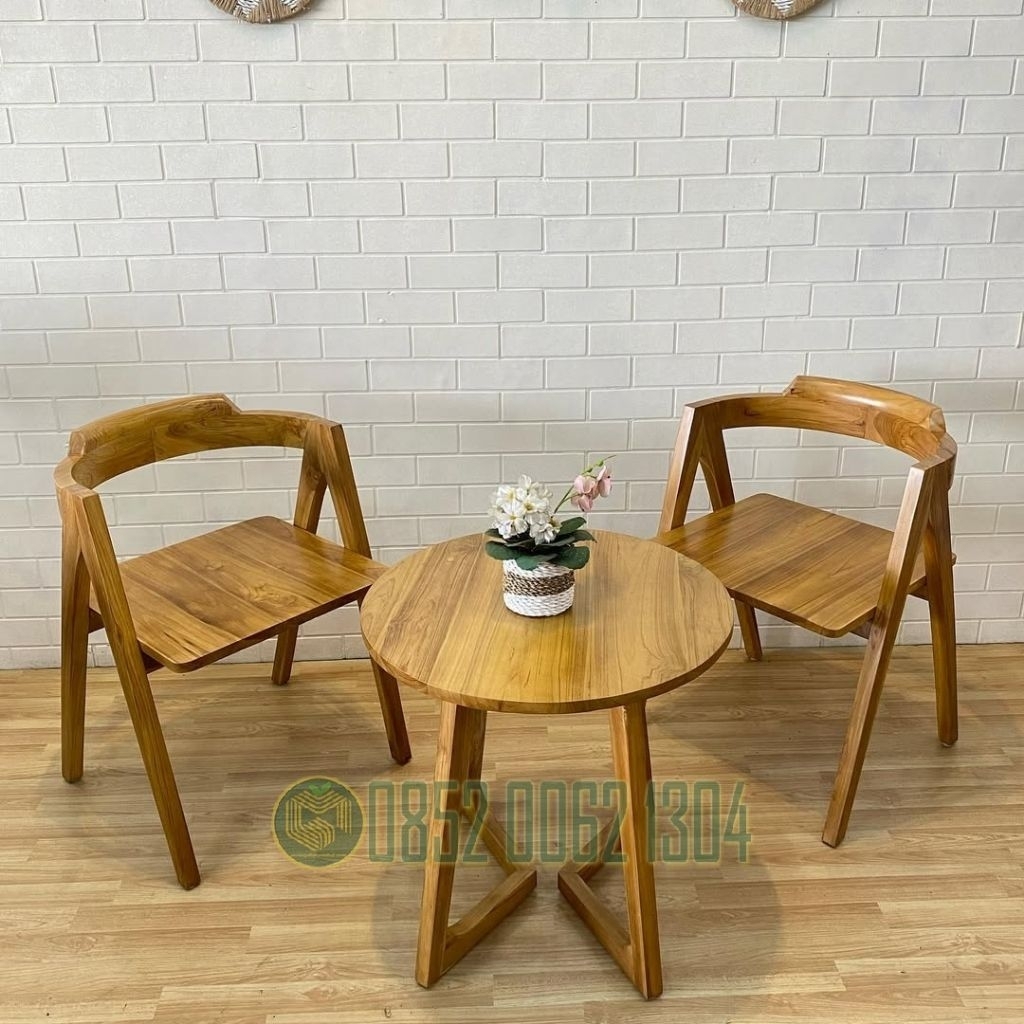 Kursi Teras Modern Minimalis Cantik Kayu Jati Warna Natural Kombinasi - Set Meja dan Kursi Teras Rum
