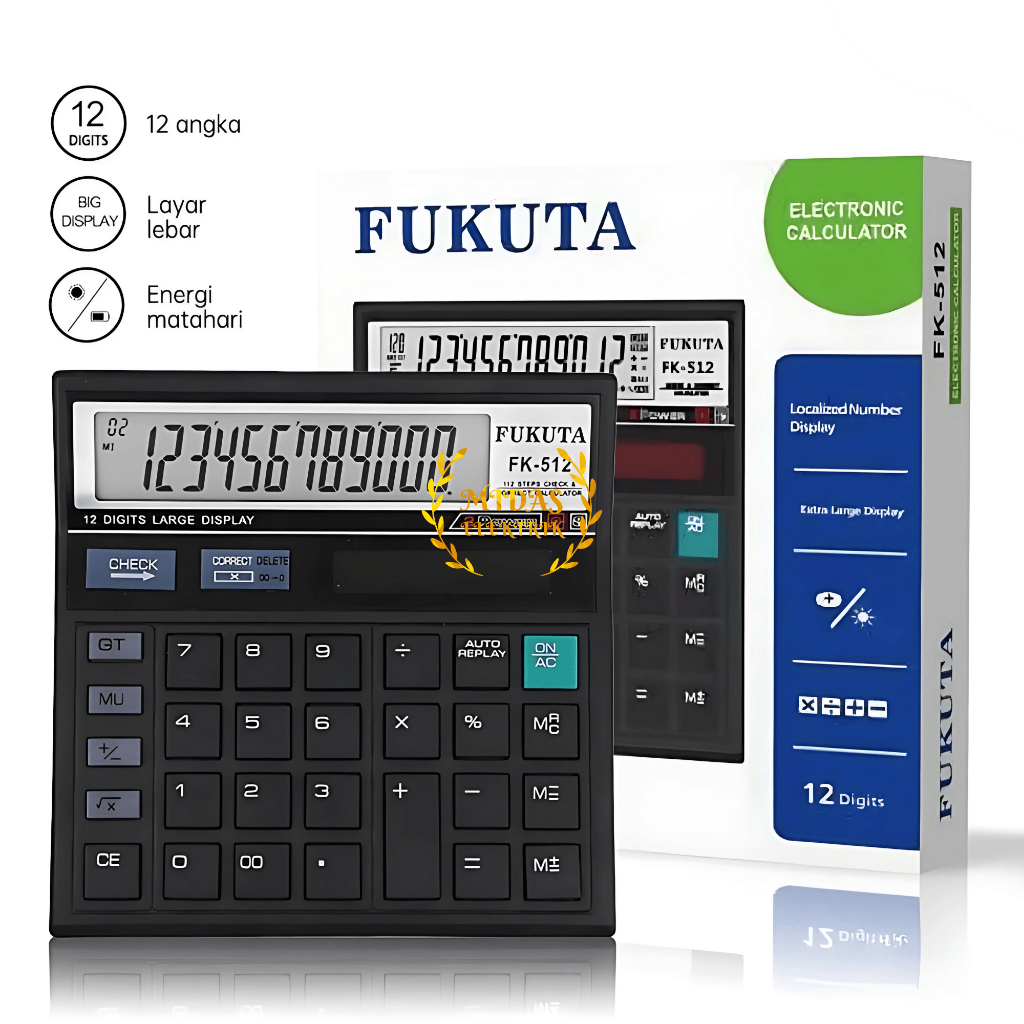 

Fukuta Electronic Calculator Kalkulator Elektronik FK-512 FK512 99 Steps Check & Correct Auto Replay 12 Digits Extra Large Display Battery / Solar Powered
