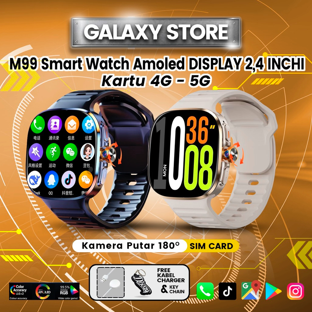 Galaxy-M99 smartwach android jam tangan simcard 5G Amoled display 2,4 inchi simcard 8/128GB|Android 