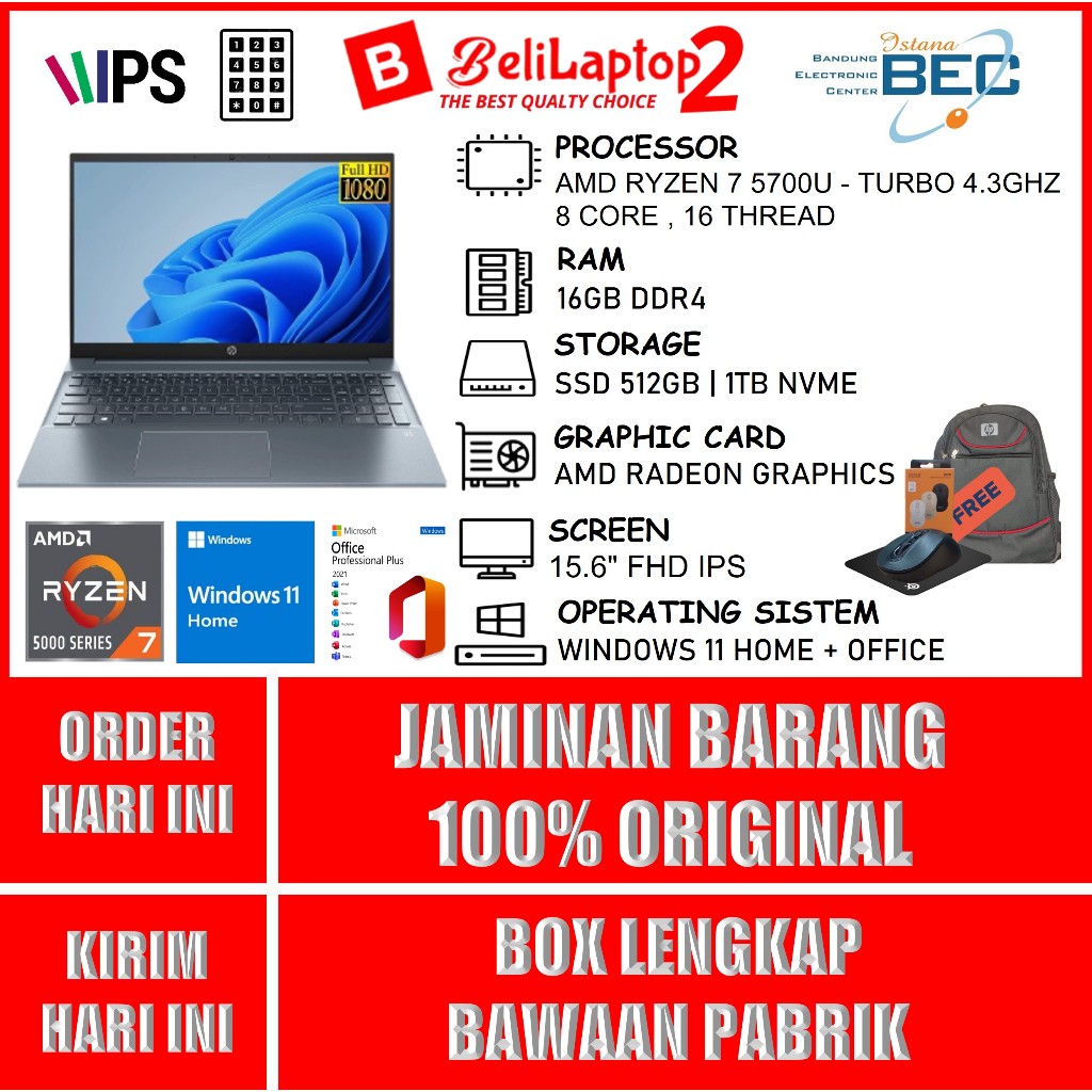 LAPTOP HP PAVILION 15 AMD RYZEN 7 5700U RAM 16GB 1TB SSD FHD IPS WINDOWS 11HOME ORIGINAL TERLARIS