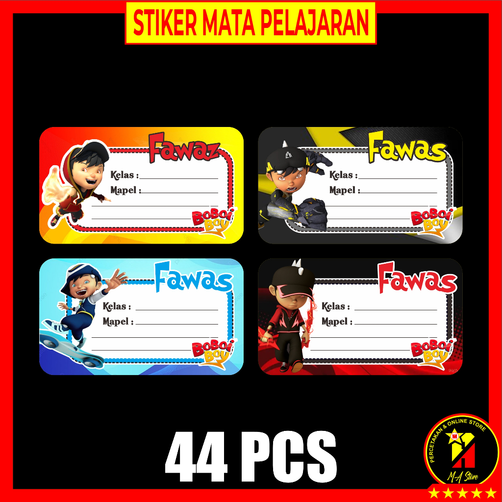 

44 PCS Stiker Mapel Mata Pelajaran Custom Karakter Boboiboy Bahan Stiker HVS