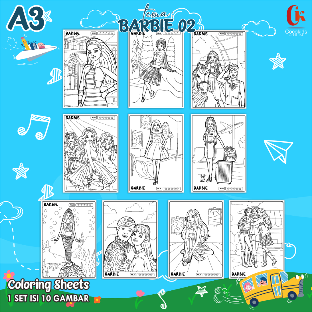 

KERTAS MEWARNAI ANAK A3 - COLORING SHEETS BARBIE 1 - LEMBAR MEWARNAI ANAK PAUD/TK/SD