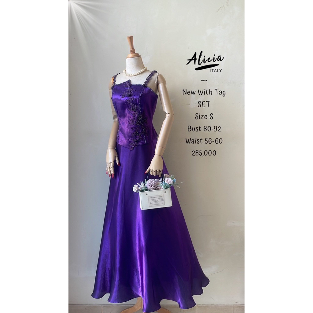 Setelan gaun gown wanita cewek ungu payet sequin manik bordir embroidery bunga tempel furing setali 