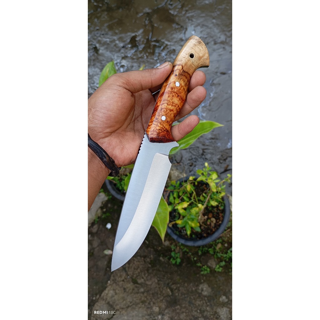ID PISAU NECK KNIFE BUSHCRAFT 13 CM MATERIAL BAJA SUP9 FULLTANG BURL AMBOYNA