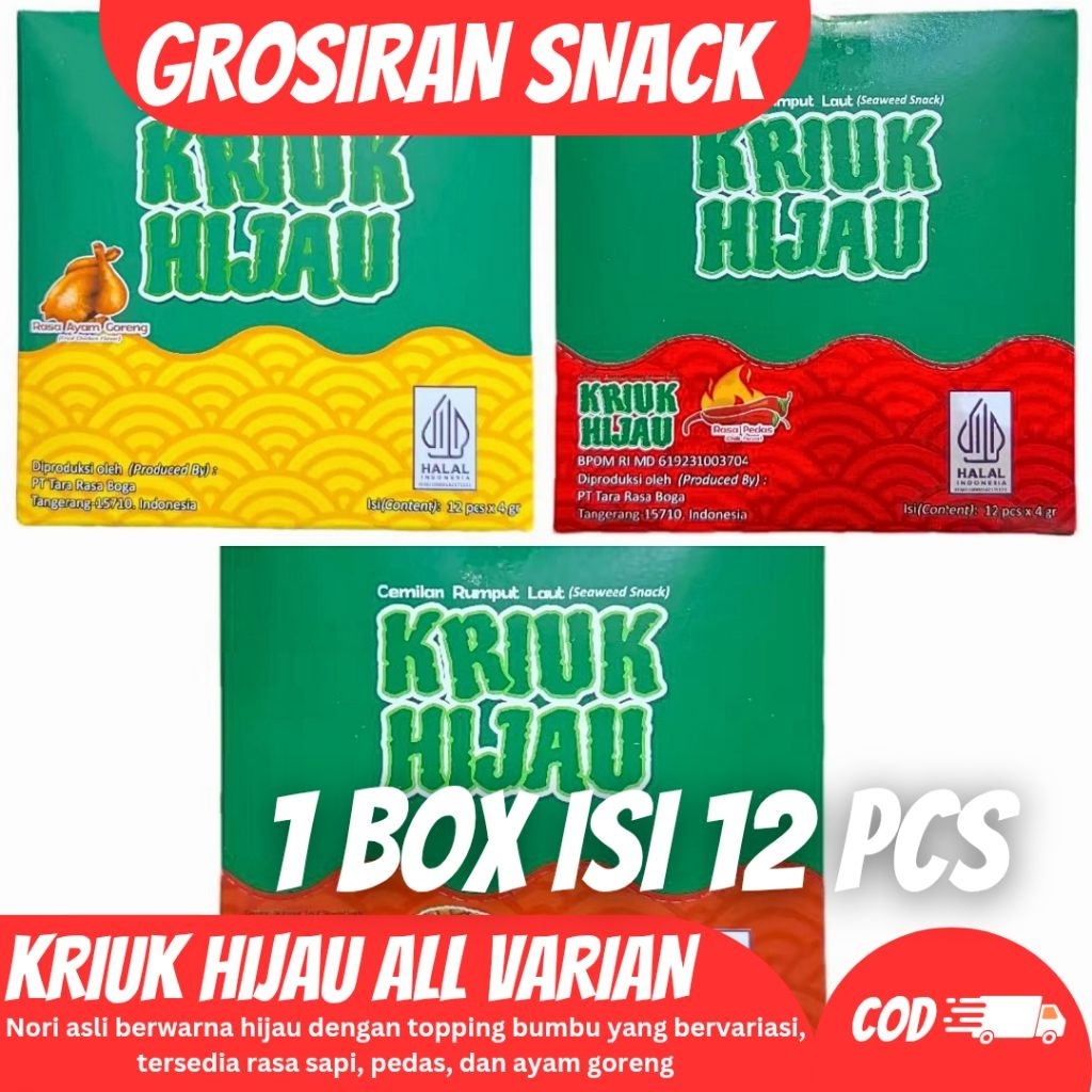 

1 BOX isi 12 PCS KRIUK HIJAU all varian 1 box @48g / Nori Warna Hijau Nori Asli / Banyak Varian Rasa Sapi Pedas Ayam Goreng / per pcs isi 2 lembar nori