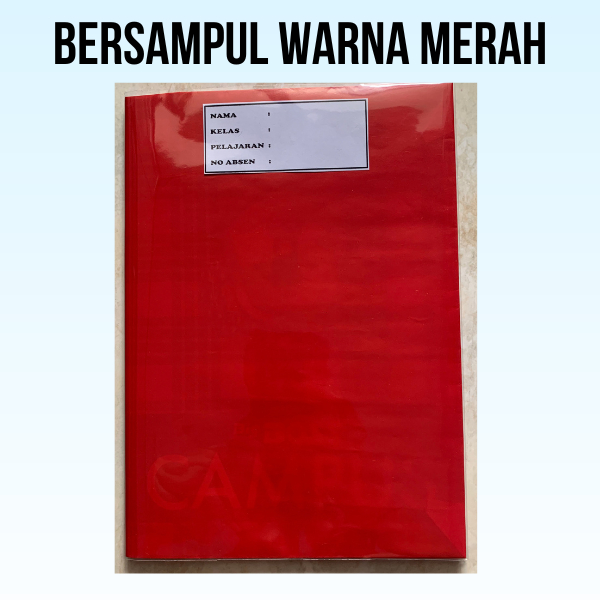 

buku tulis sudah disampul sukung warna merah dan sampul plastik