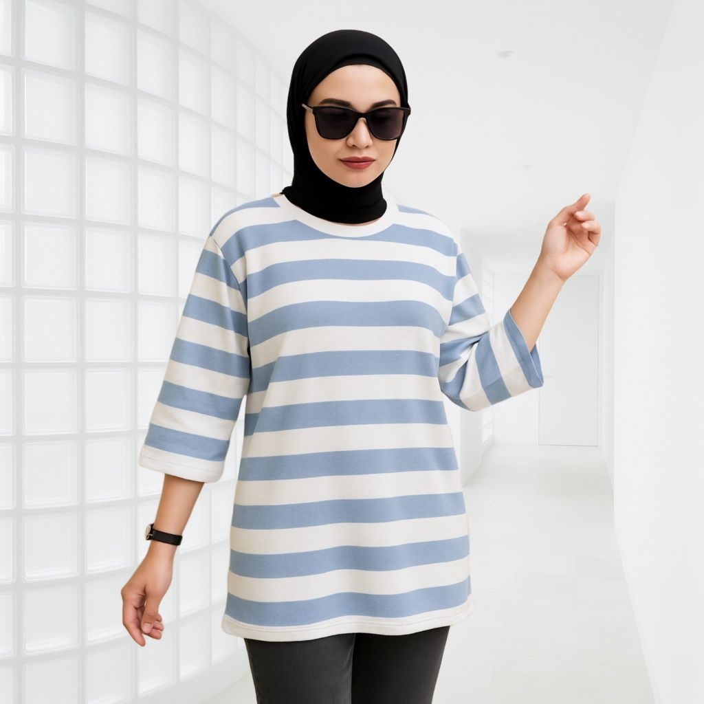 Atasan Kaos Salur Wanita Jumbo | Kaos Wanita Ukuran 3XL LD 120 140 Lengan 7/8