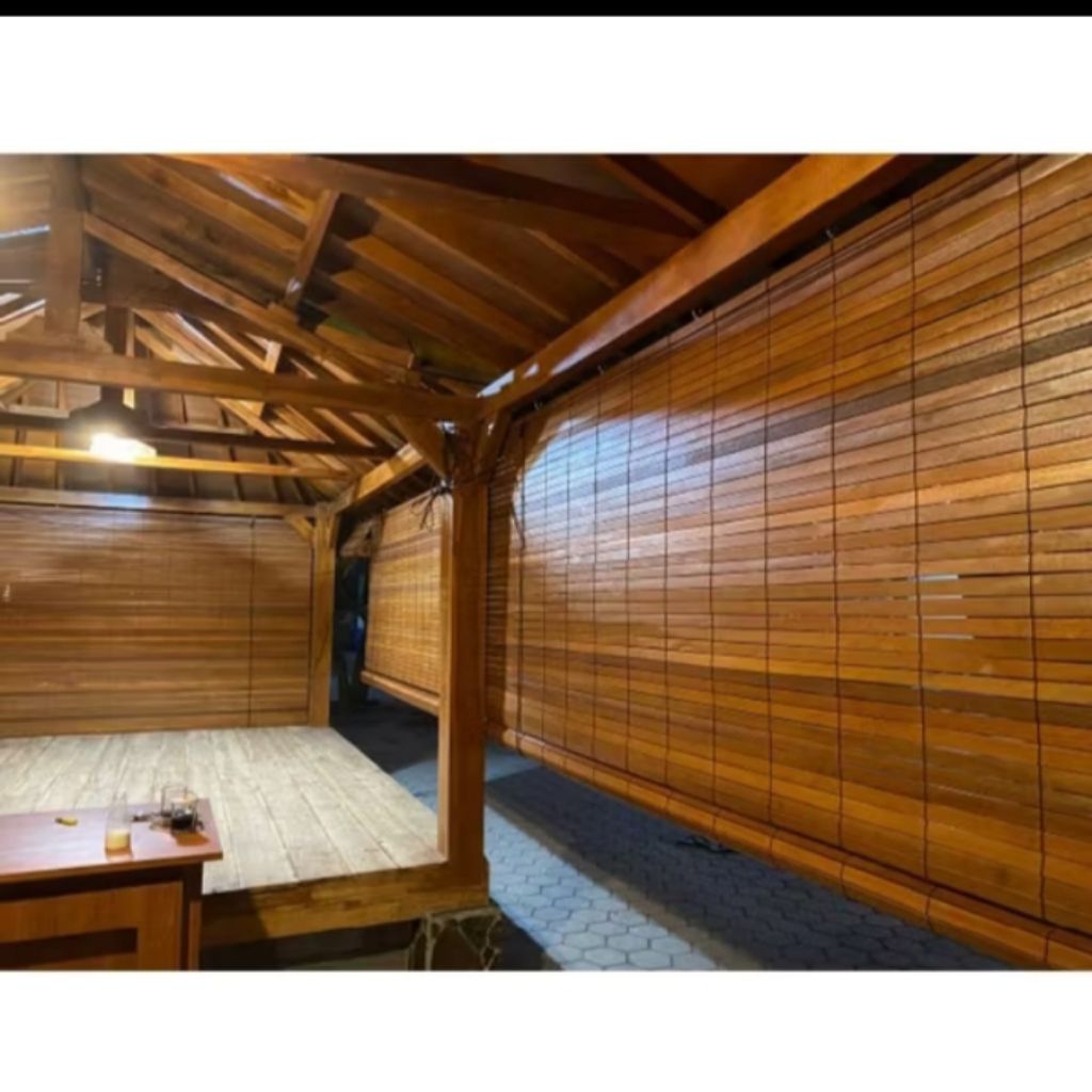 Tirai Kayu Jati Asli/ Kerai Kayu Jati Plitur vernis/ Kerai Kayu Jati katrol gulung Lebar250cm x ting