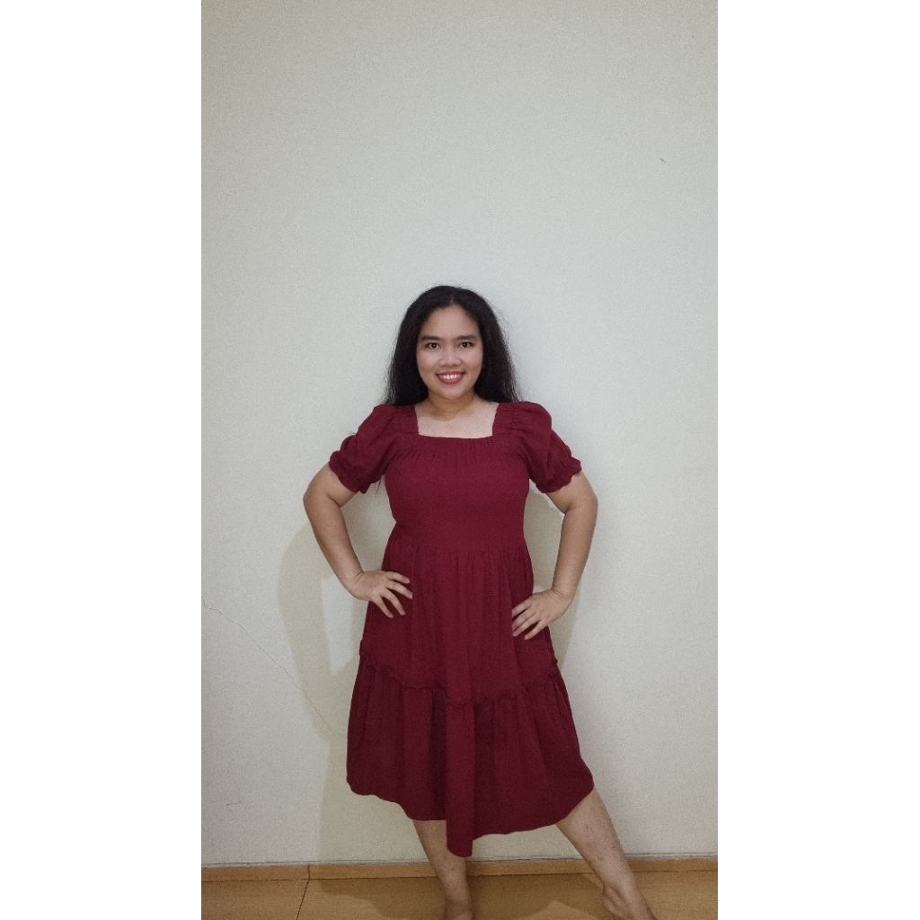 Dress merah maroon tangan balon preloved pribadi ld 110 cm