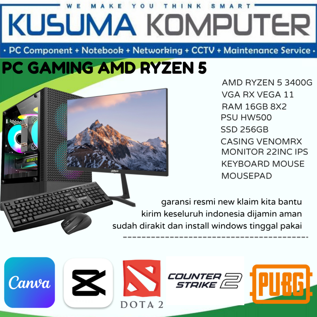 Paket PC Fullset Gaming AMD Ryzen 5 3400G Monitor 22inc 16GB Ram