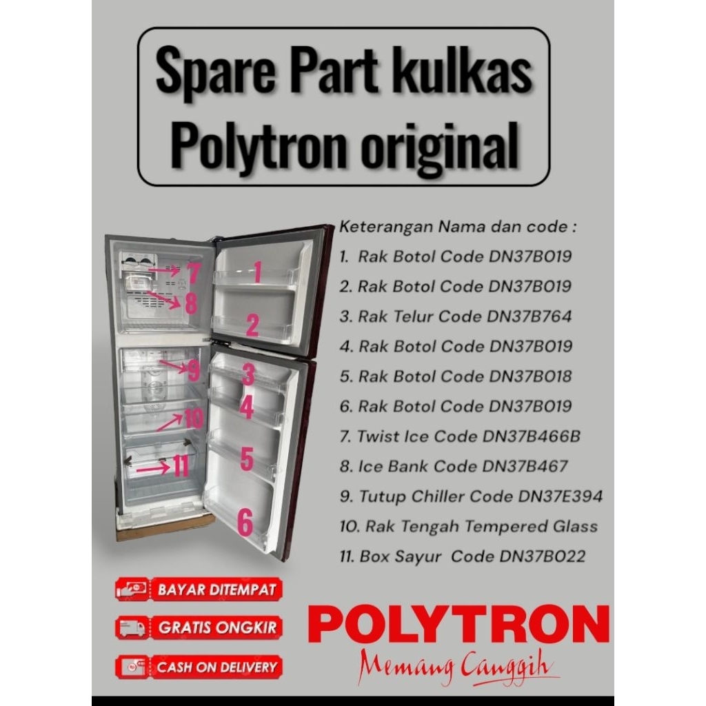 Spare Part kulkas polytron belleza II ( 1pintu dan 2pintu ) PR21 SERI