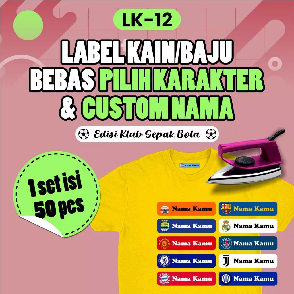 

LK12 Sticker Nama Label Printing Kain / kaos Sablon Setrika Tema Klub Bola Isi 50pcs Gratis Custom Nama (Bukan Bordir tapi Label DTF)
