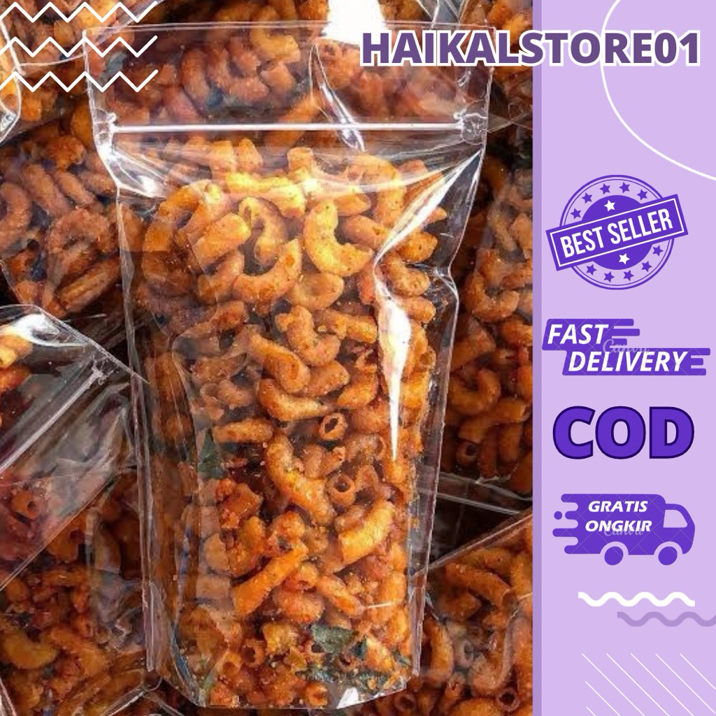 

Cemilan Makaroni renyah pedas balado daun jeruk jagung manis