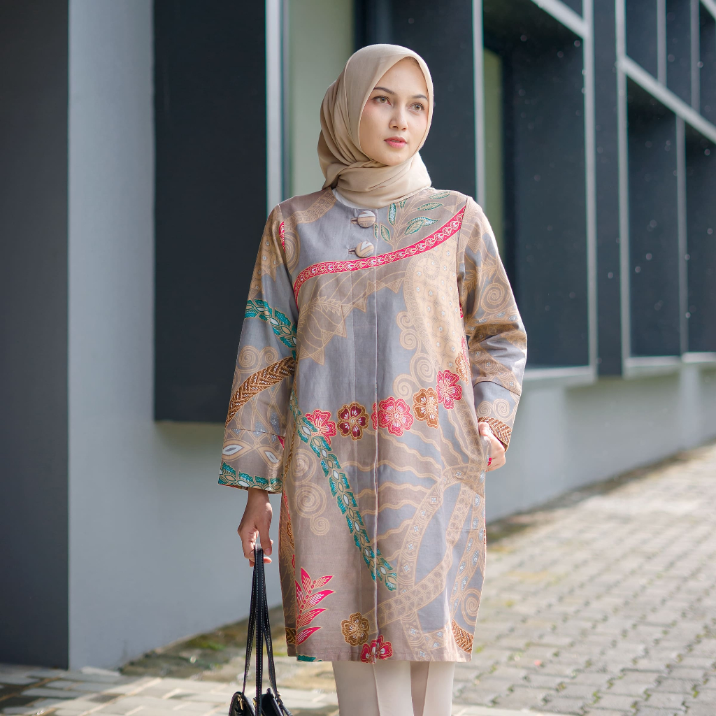 Batik Trikot Tunik Batik Lapis Furing Model Lengan Panjang Kancing Aktif Motif Rinjani Atasan Batik 