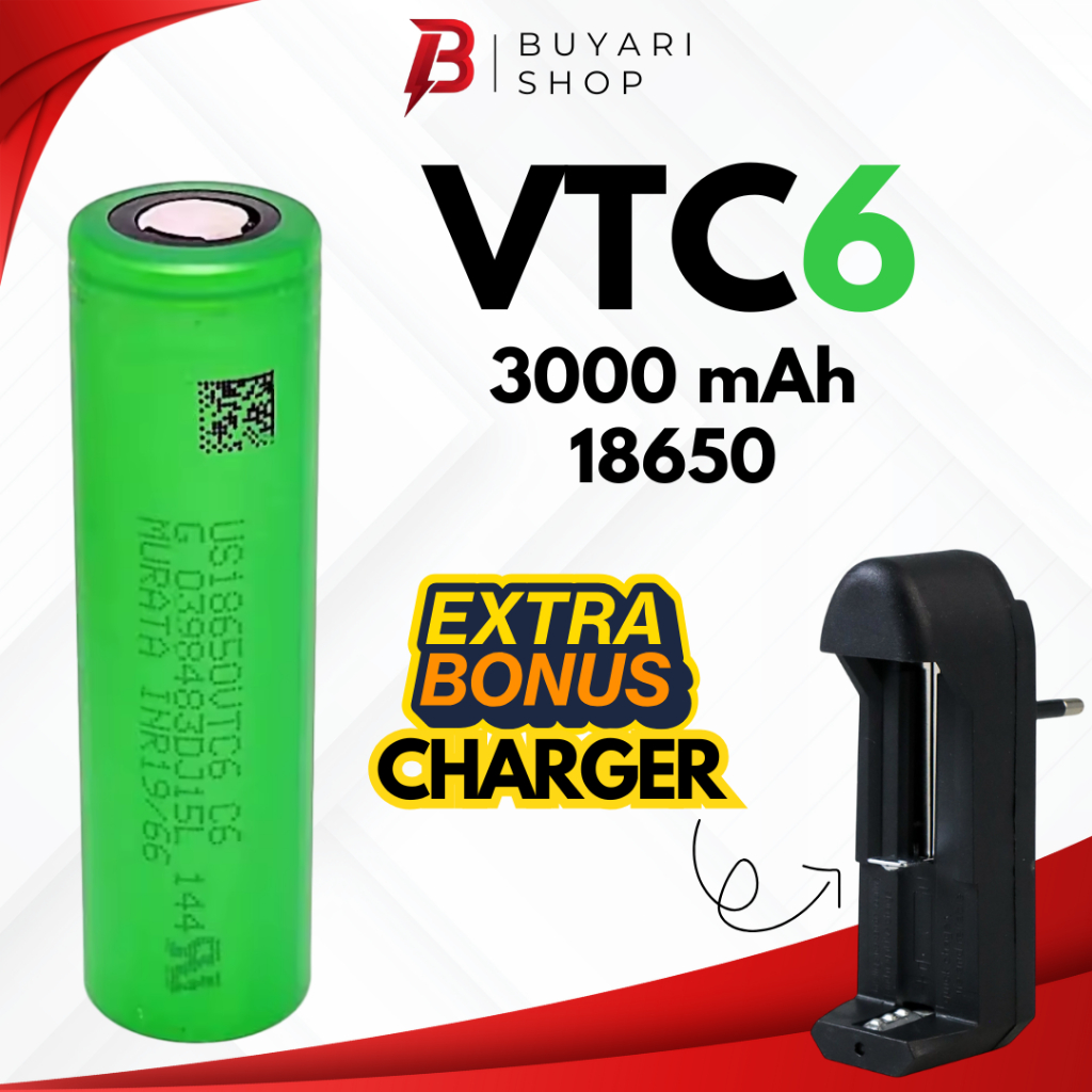 [FREE CHARGER] VTC 6 VTC6 3.7V 30A 3000mAh Baterai Vape Vapee Vapor Senter Kipas Portable Fortable M