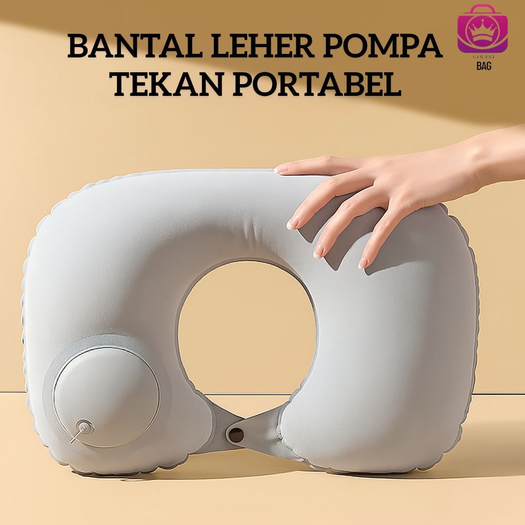 Bantal Leher Pompa Angin – Travel Neck Pillow Portable, Anti Pegal, Bisa Dilipat